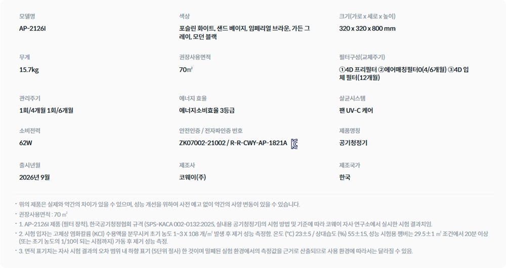 노블 공기청정기 플러스 (57㎡) 스펙